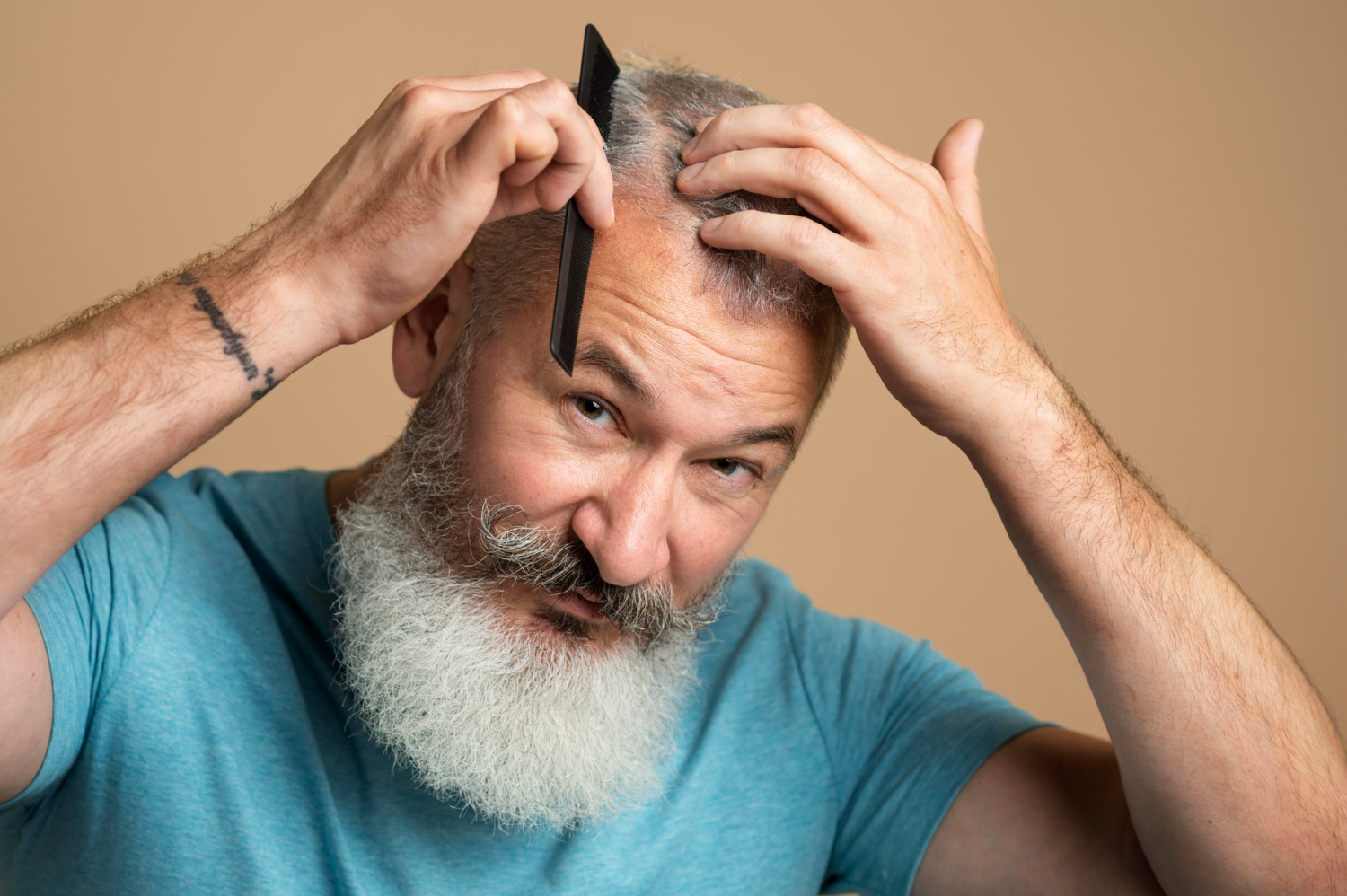 Man Combing Hair With Minoxidil
