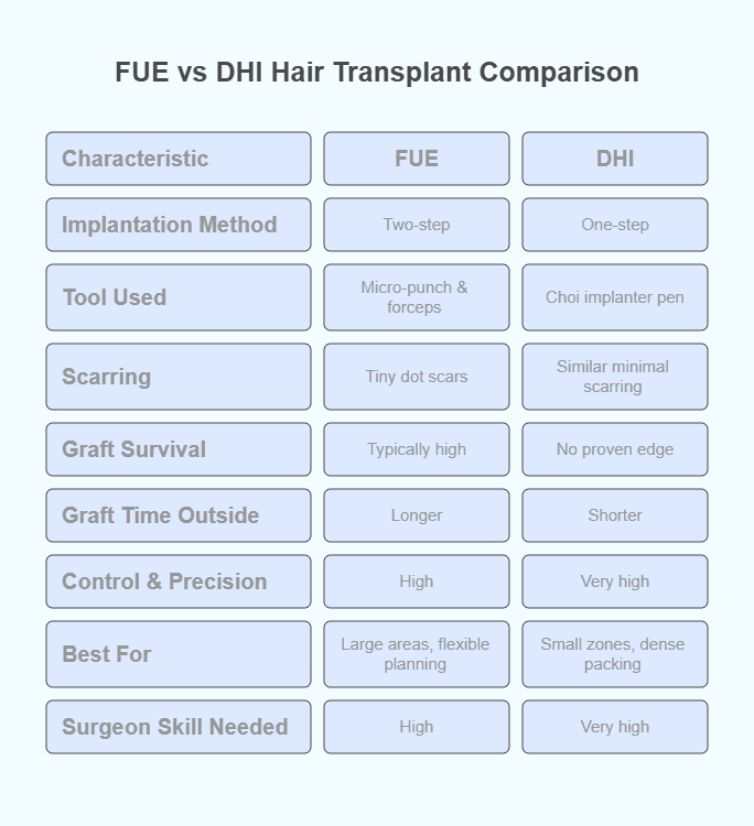 FUE vs DHI transplant comparison table infograhic