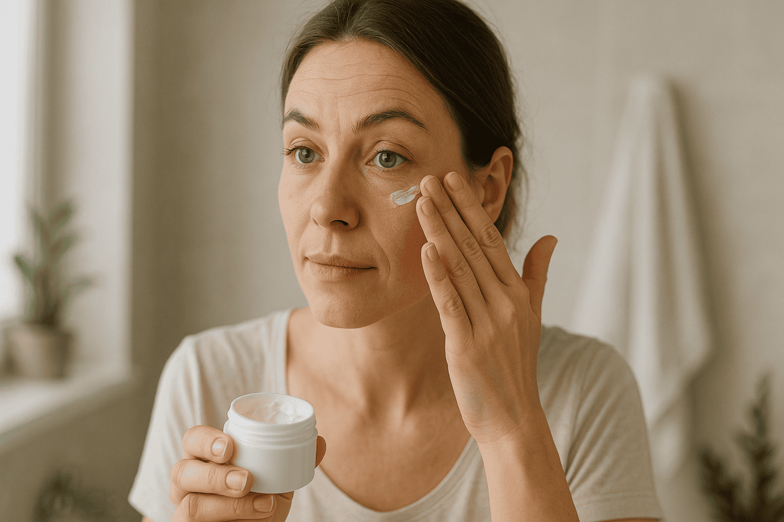Women applying anti wrinkle cream on her face