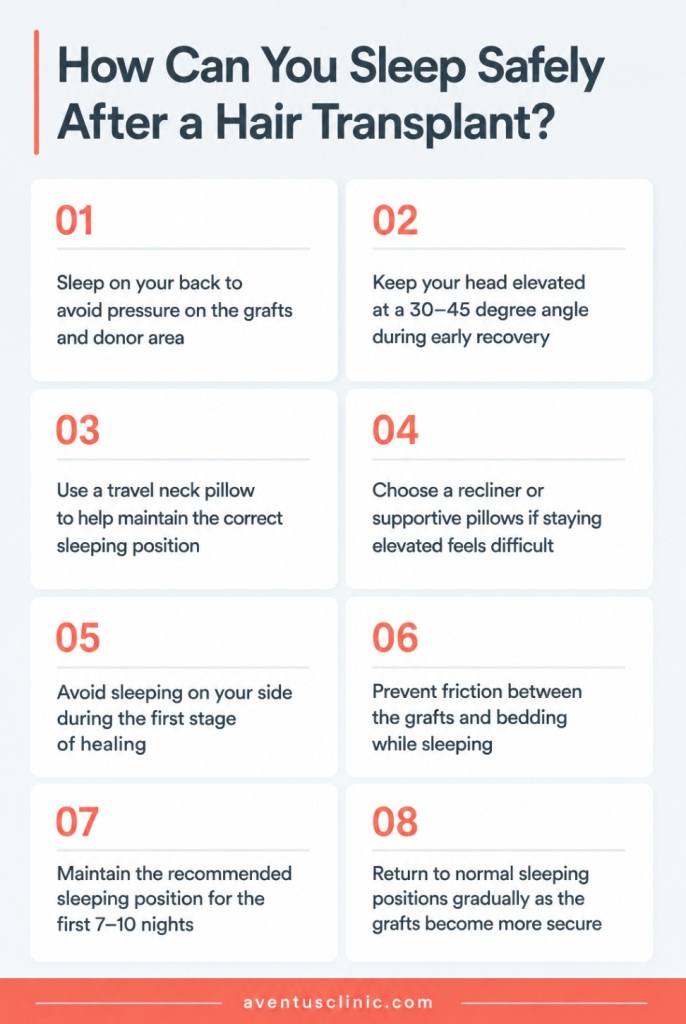 Sleep on your back with your head elevated at 30–45 degrees for the first 7–10 nights. Once the grafts have settled and healing progresses, you can gradually return to normal sleeping positions.