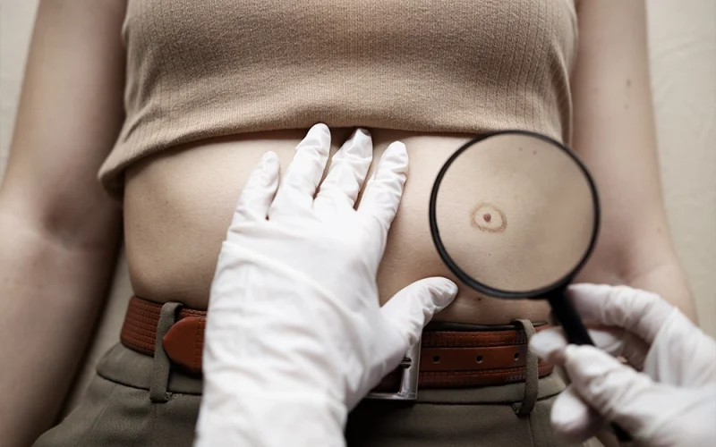 A woman having a mole check by a dermatologist