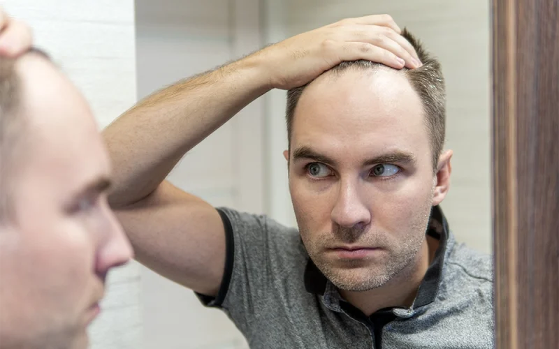 Photo of a man inspecting his receding hairline in the mirror