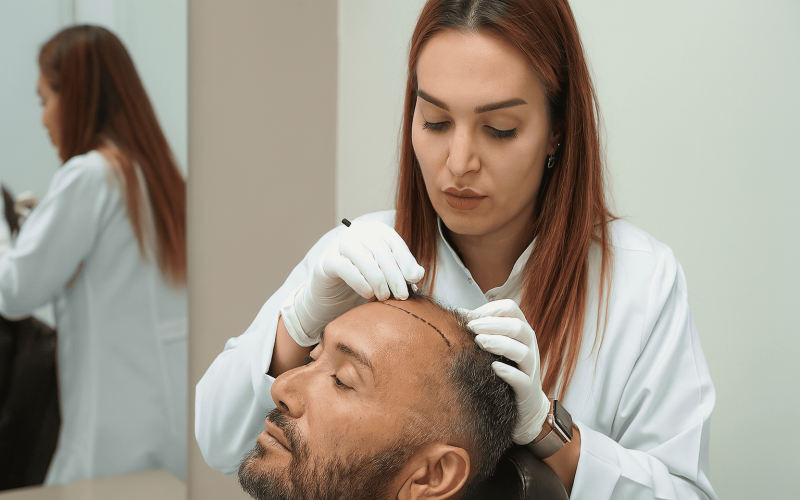 Woman-performing-a-hair-transplant-precedure-on-a-bald-man